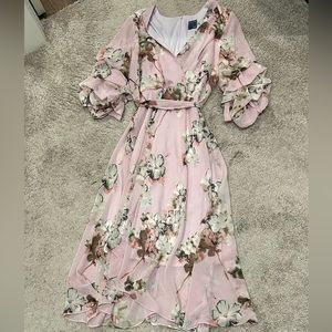 Gabby Skye Floral Dogwood Print Dress Pink Ruffles V-neck Women's Size 12